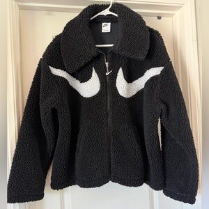 Nike Oversized Black Sherpa Jacket with White Swoosh Accent